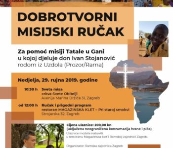 U nedjelju 29. rujna u Zagrebu Misijski dobrotvorni ručak za pomoć don Ivan Stojanović u misijskom radu