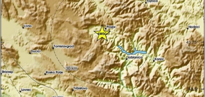 Potres magnitude 2.9 četiri kilometra južno od Prozora